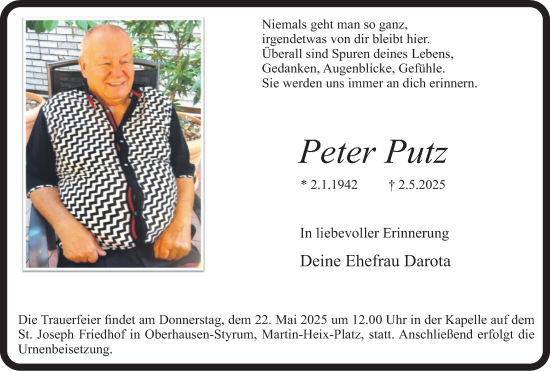 Traueranzeige von Peter Putz von Tageszeitung