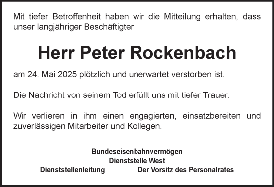 Traueranzeige von Peter Rockenbach von Tageszeitung