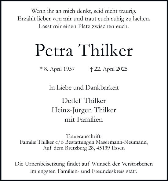 Traueranzeige von Petra Thilker von Tageszeitung
