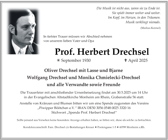 Traueranzeige von Prof. Herbert Drechsel von Tageszeitung