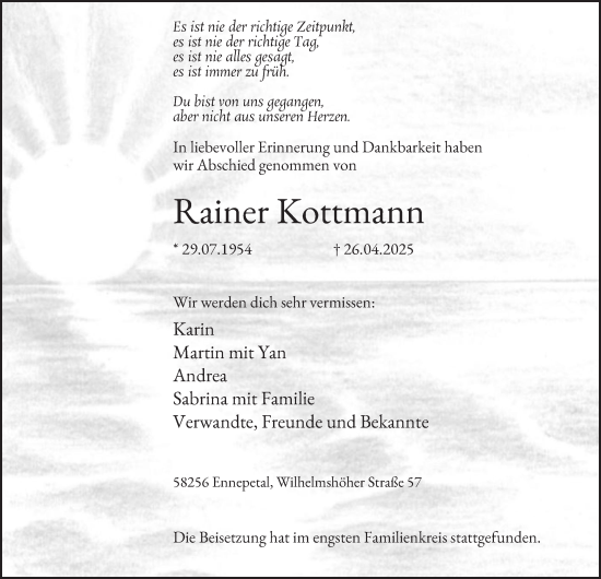Traueranzeige von Rainer Kottmann von Tageszeitung