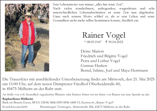 Traueranzeige von Rainer Vogel von Tageszeitung