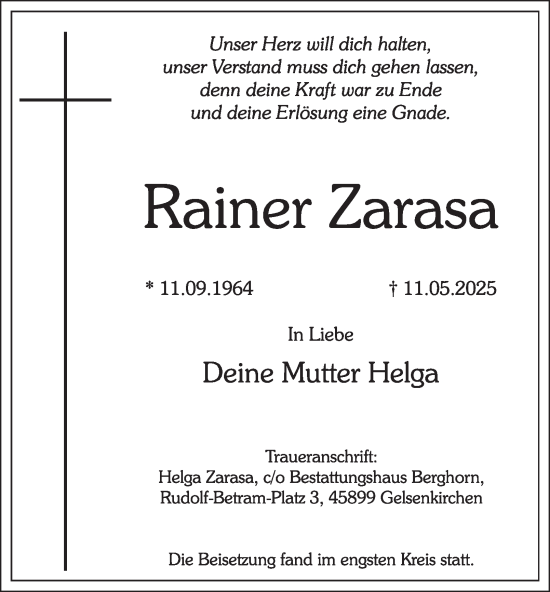Traueranzeige von Rainer Zarasa von Tageszeitung