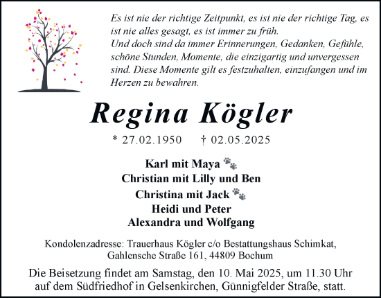 Traueranzeige von Regina Kögler von Tageszeitung