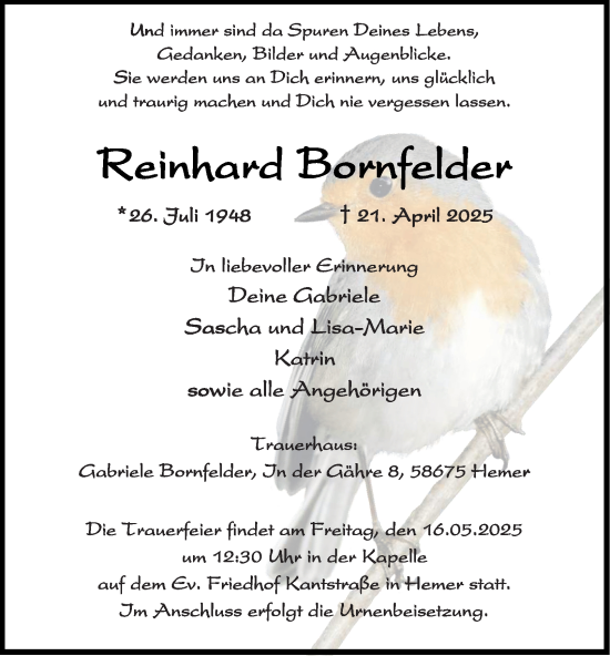 Traueranzeige von Reinhard Bornfelder von Tageszeitung
