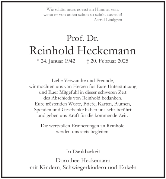 Traueranzeige von Reinhold Heckemann von Tageszeitung