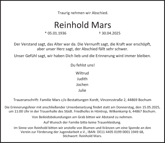 Traueranzeige von Reinhold Mars von Tageszeitung
