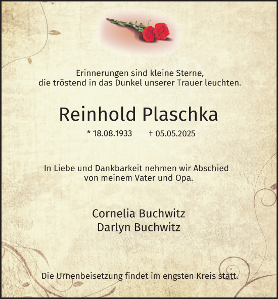 Traueranzeige von Reinhold Plaschka von Tageszeitung