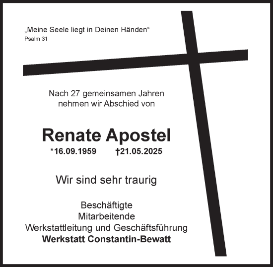 Traueranzeige von Renate Apostel von Tageszeitung