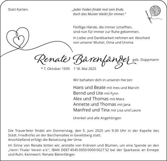 Traueranzeige von Renate Bärenfänger von Tageszeitung