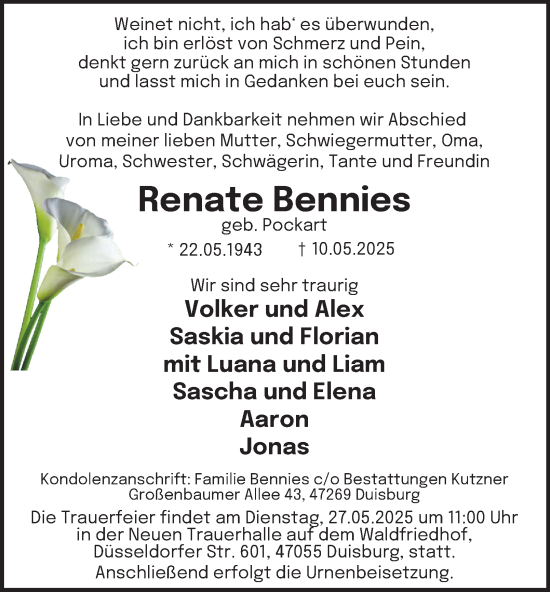 Traueranzeige von Renate Bennies von Tageszeitung