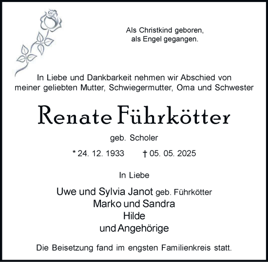 Traueranzeige von Renate Führkötter von Tageszeitung