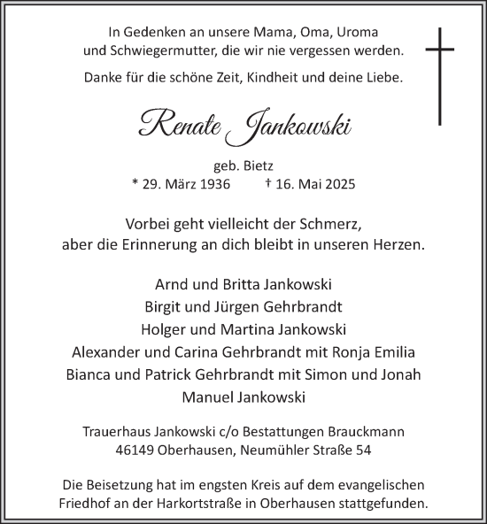 Traueranzeige von Renate Jankowski von Tageszeitung