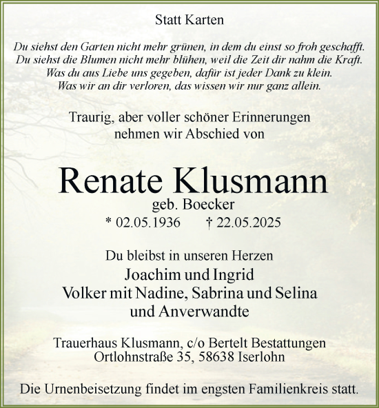 Traueranzeige von Renate Klusmann von Tageszeitung