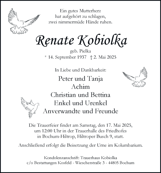 Traueranzeige von Renate Kobiolka von Tageszeitung