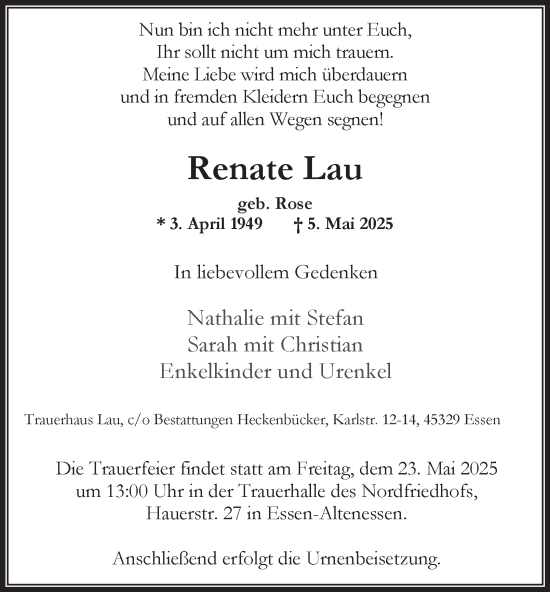Traueranzeige von Renate Lau von Tageszeitung