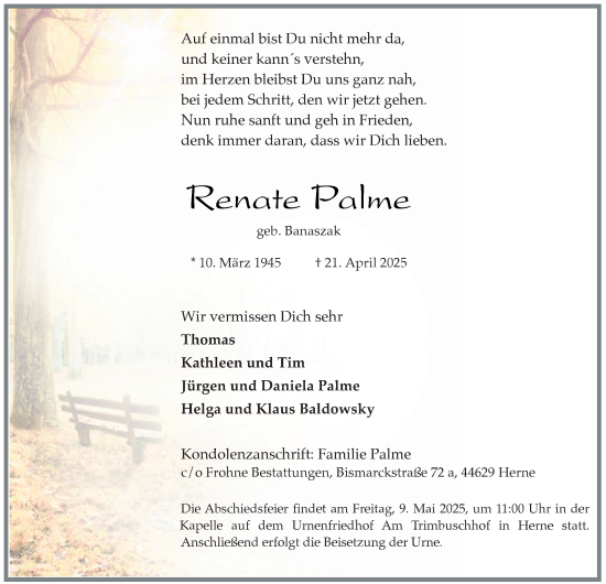 Traueranzeige von Renate Palme von Tageszeitung