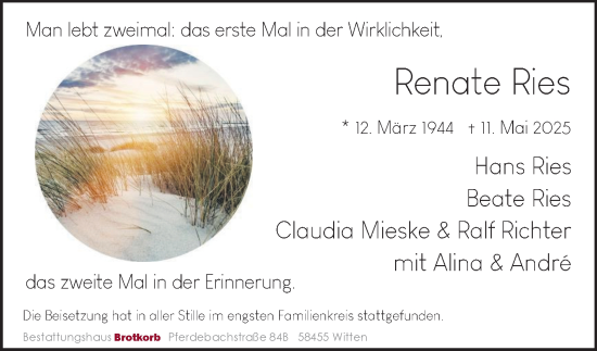 Traueranzeige von Renate Ries von Tageszeitung