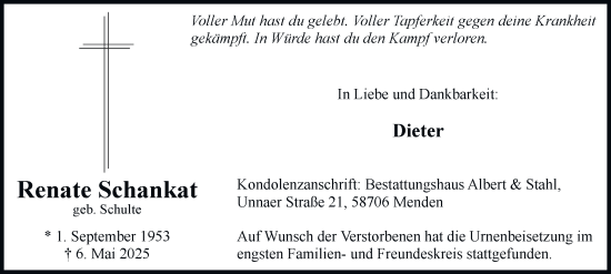 Traueranzeige von Renate Schankat von Tageszeitung