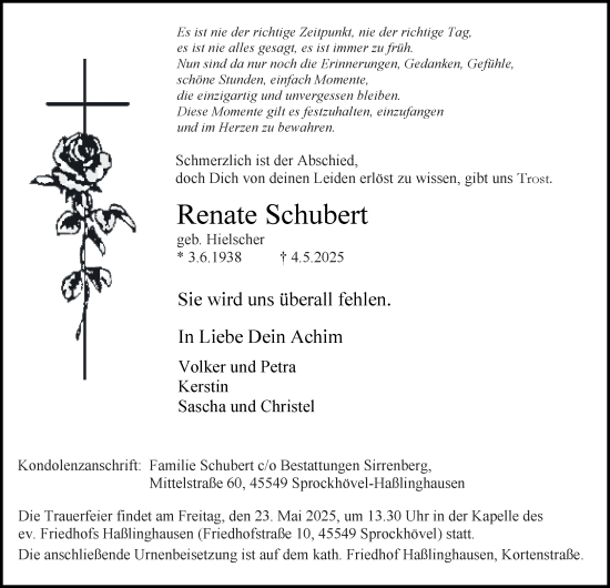 Traueranzeige von Renate Schubert von Tageszeitung