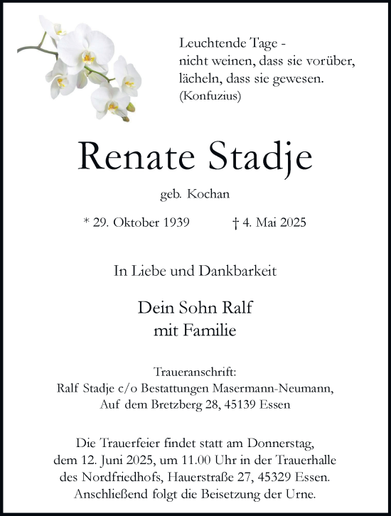 Traueranzeige von Renate Stadje von Tageszeitung