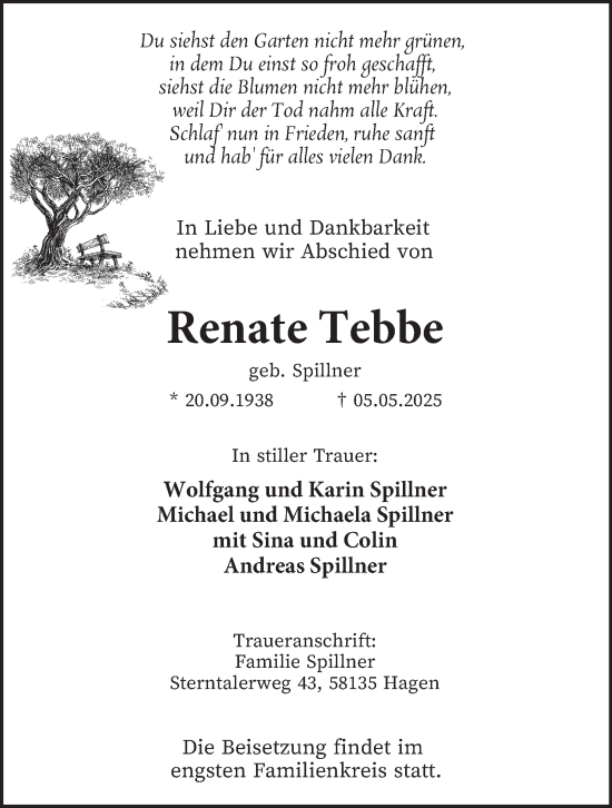 Traueranzeige von Renate Tebbe von Tageszeitung