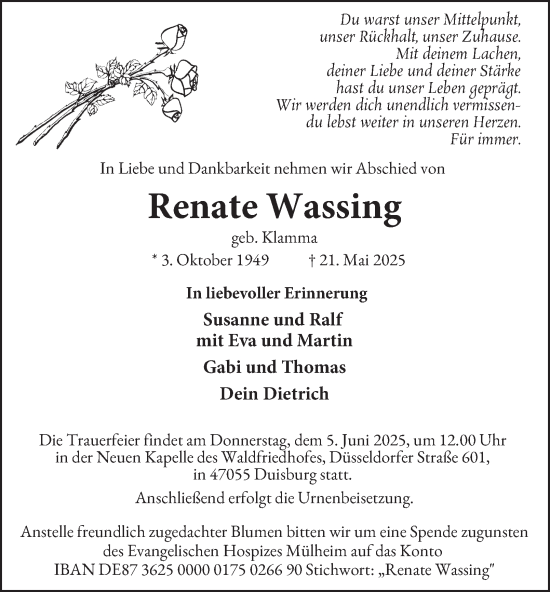 Traueranzeige von Renate Wassing von Tageszeitung