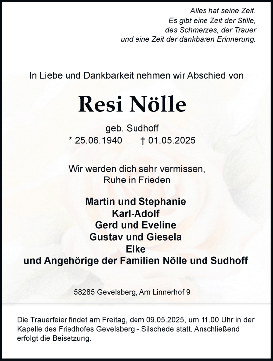 Traueranzeige von Resi Nölle von Tageszeitung
