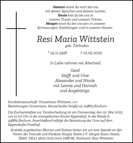 Traueranzeige von Resi Maria Wittstein von Tageszeitung