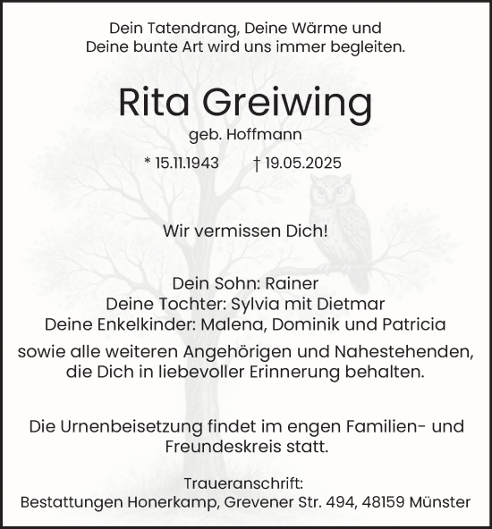 Traueranzeige von Rita Greiwing von Tageszeitung