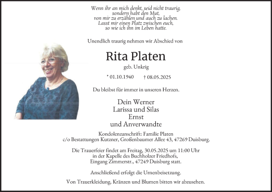 Traueranzeige von Rita Platen von Tageszeitung