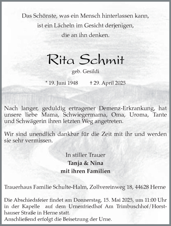 Traueranzeige von Rita Schmit von Tageszeitung