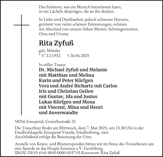 Traueranzeige von Rita Zyfuß von Tageszeitung
