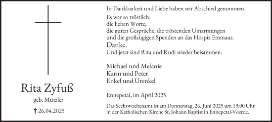 Traueranzeige von Rita Zyfuß von Tageszeitung