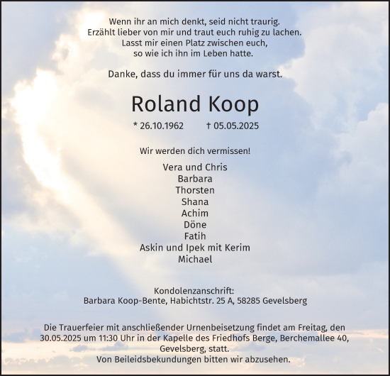 Traueranzeige von Roland Koop von Tageszeitung