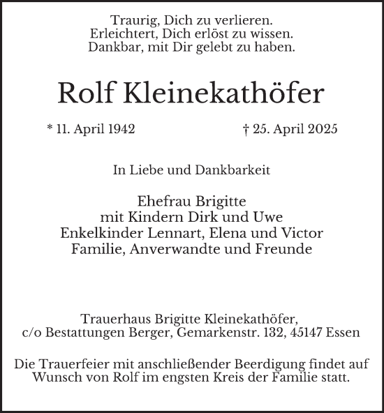 Traueranzeige von Rolf Kleinekathöfer von Tageszeitung