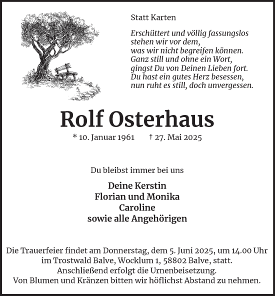 Traueranzeige von Rolf Osterhaus von Tageszeitung