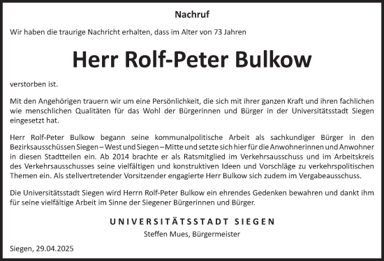 Traueranzeige von Rolf-Peter Bulkow von Tageszeitung