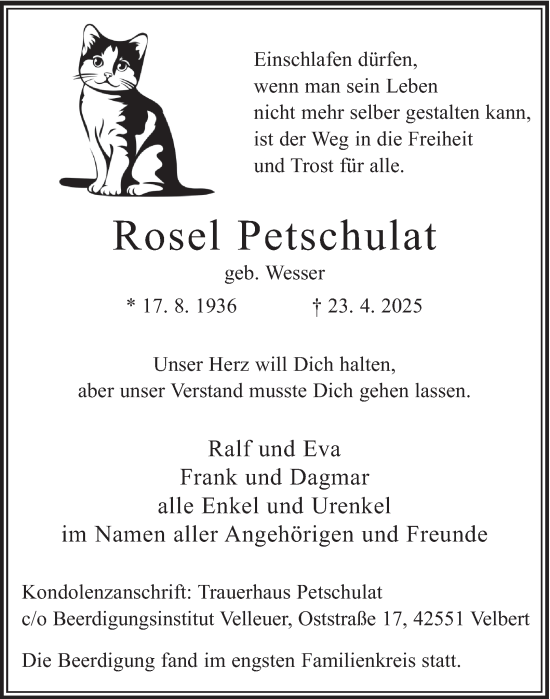 Traueranzeige von Rosel Petschulat von Tageszeitung