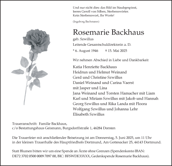 Traueranzeige von Rosemarie Backhaus von Tageszeitung