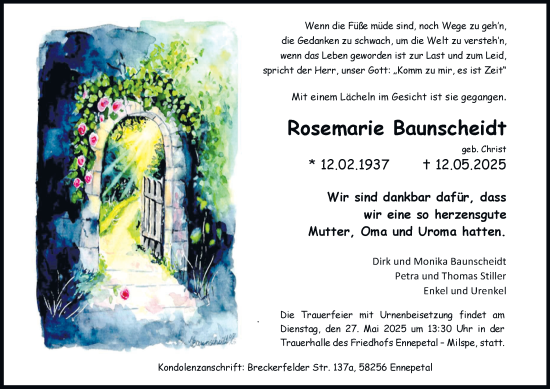 Traueranzeige von Rosemarie Baunscheidt von Tageszeitung