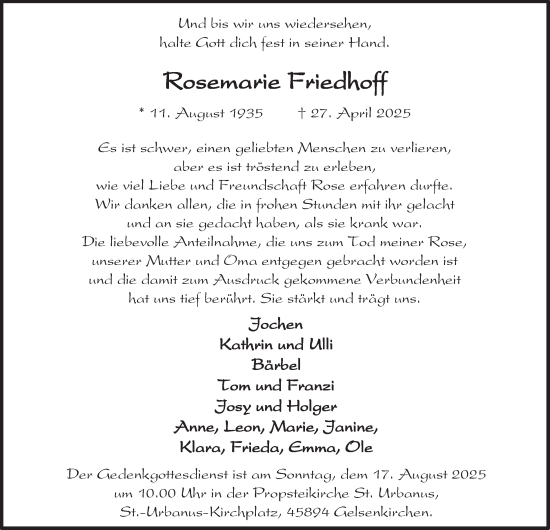 Traueranzeige von Rosemarie Friedhoff von Tageszeitung