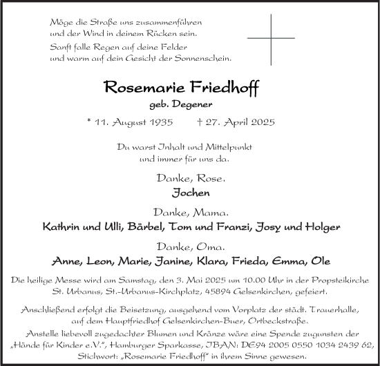 Traueranzeige von Rosemarie Friedhoff von Tageszeitung