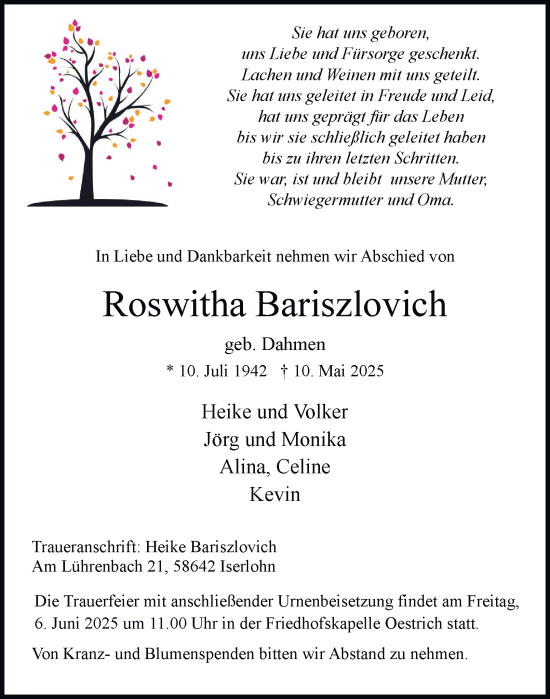 Traueranzeige von Roswitha Bariszlovich von Tageszeitung