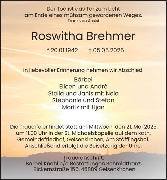 Traueranzeige von Roswitha Brehmer von Tageszeitung