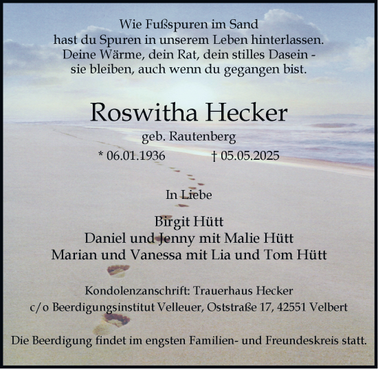 Traueranzeige von Roswitha Hecker von Tageszeitung