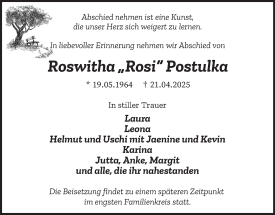 Traueranzeige von Roswitha Postulka von Tageszeitung