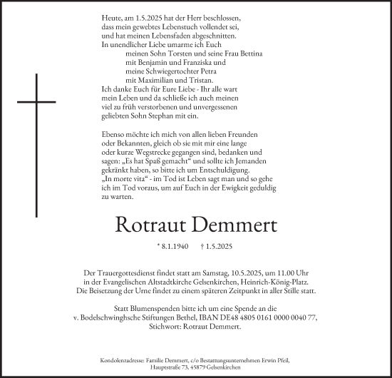 Traueranzeige von Rotraut Demmert von Tageszeitung