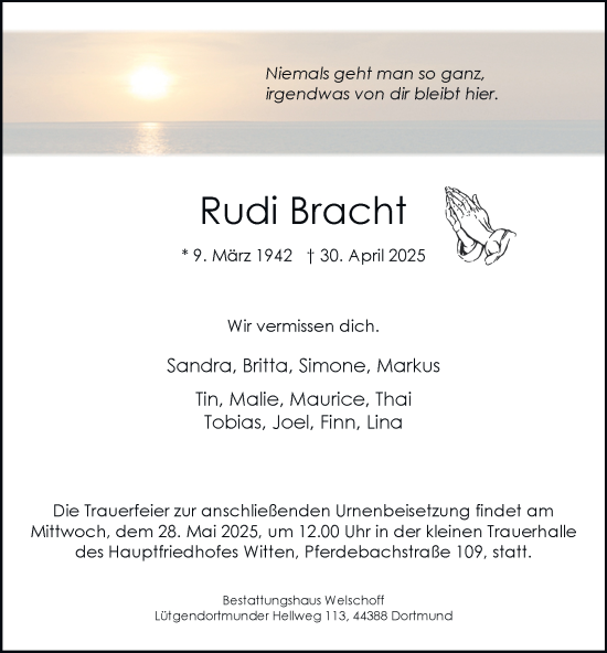 Traueranzeige von Rudi Bracht von Tageszeitung