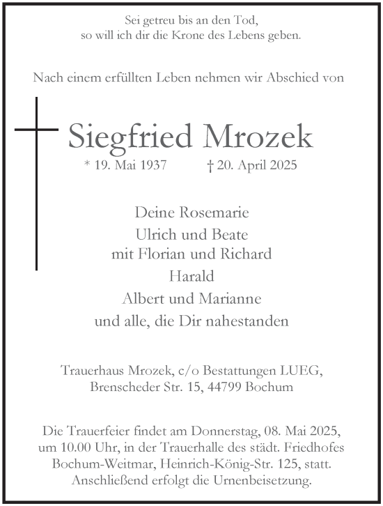 Traueranzeige von Siegfried Mrozek von Tageszeitung